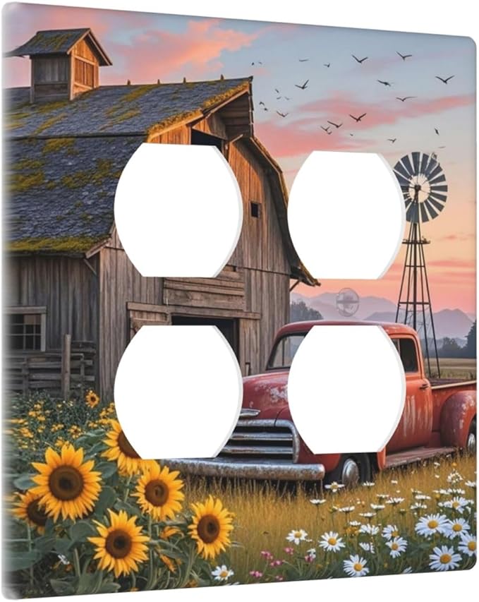 Rustic Barn Red Truck Windmill Sunflower Outlet Covers 2 Gang Double Duplex Decorative Light Switch Covers Electrical Wallplates Socket Faceplate for Farmhouse Home Decor