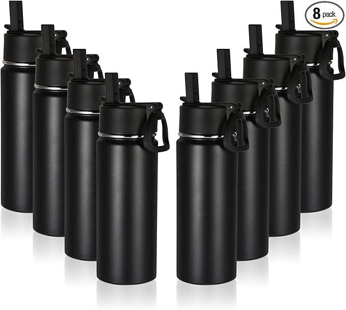 Volhoply 16 OZ Kids Water Bottle Bulk 8 Pack,Insulated Sports Bottles with Straw Lid,Stainless Steel Bottle with Handle Keep Cold & Hot,Double Wall Vacuum Tumbler Cups for School,Girls(Black, 8)