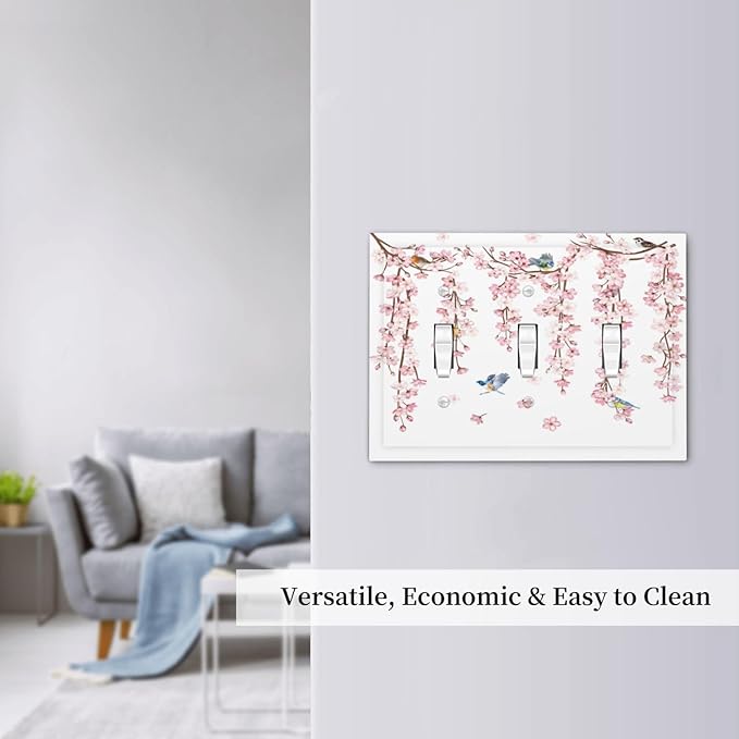 Pink Cherry Blossom Flower Vine Floral Tree Branch Birds Decorative Switch Plates 3 Gang Wall Plate Triple Toggle Light Switch Cover Faceplate Electrical Wall Panels for Bedroom Living Room Decor
