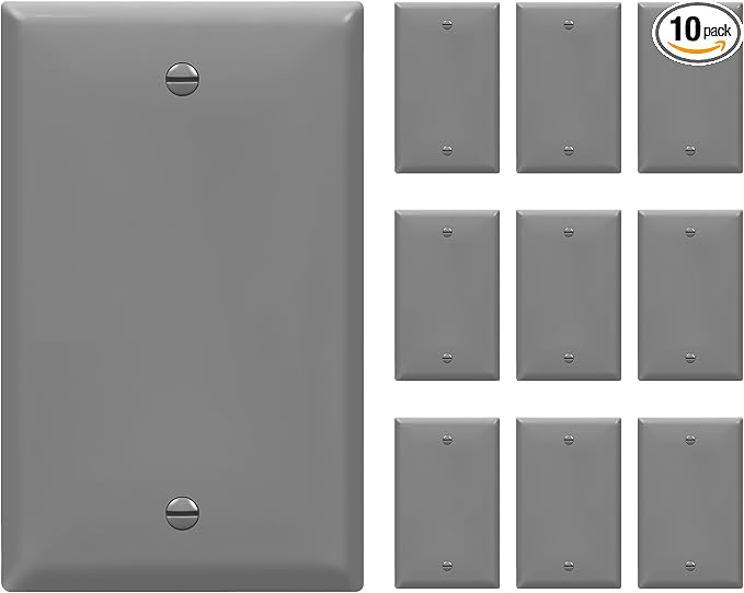 ENERLITES Blank Device Wall Plate Cover, Gloss Finish, Standard Size 1-Gang 4.50" x 2.76", Polycarbonate Thermoplastic, 8801-GY-10PCS, Gray (10 Pack), Grey