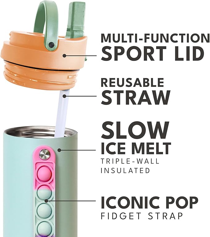 Elemental Iconic Kids Water Bottle for School - 100% Leak-Proof Insulated Water Bottles with Straw Lid & Pop-It Handle for Boys & Girls - Triple-Wall Insulated & BPA-Free, 20oz – Mint Sorbet