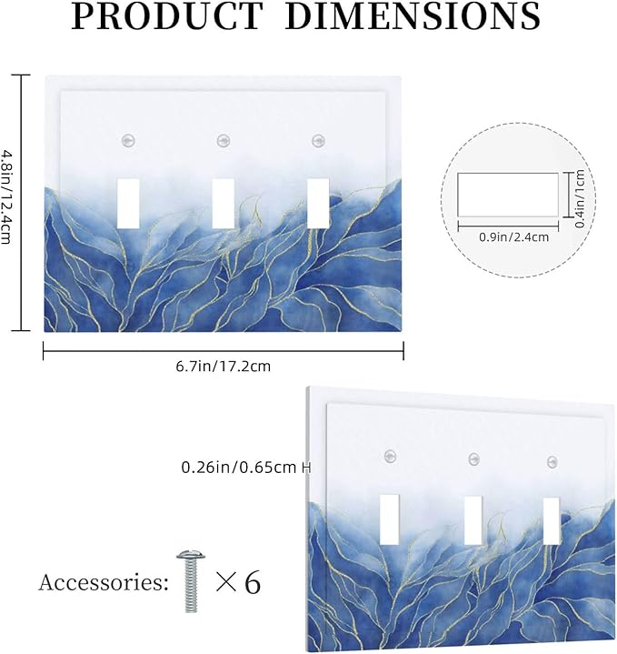 Light Switch Cover Plate Blue Gold Leaf Marble Modern Abstract 3 Gang Triple Toggle Decorative Switch Plates Wall Plates Electrical Switchplate Faceplate for Kitchen Bathroom Decor