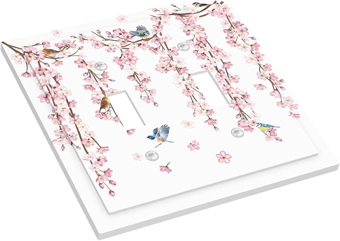 Pink Cherry Blossom Flower Vine Floral Tree Branch Birds Decorative Switch Plates 2 Gang Double Toggle Outlet Light Switch Cover Wall Plate Electrical Faceplate for Bedroom Living Room Decor