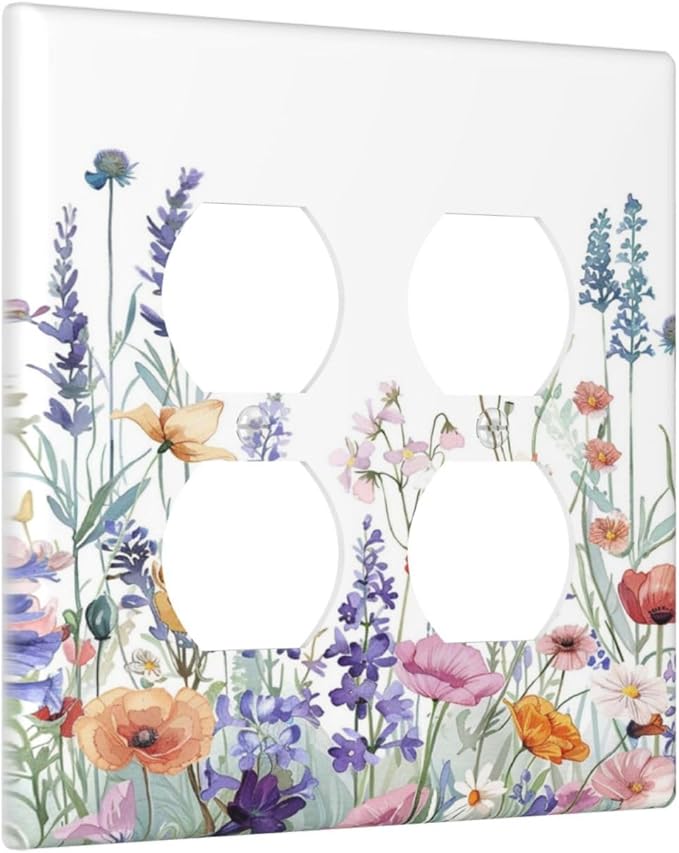 Colorful Floral Purple Lavender Flower Leaves Plants Outlet Covers 2 Gang Double Duplex Decorative Light Switch Covers Electrical Wallplates Socket Faceplate for Bed Room Living Room Decor