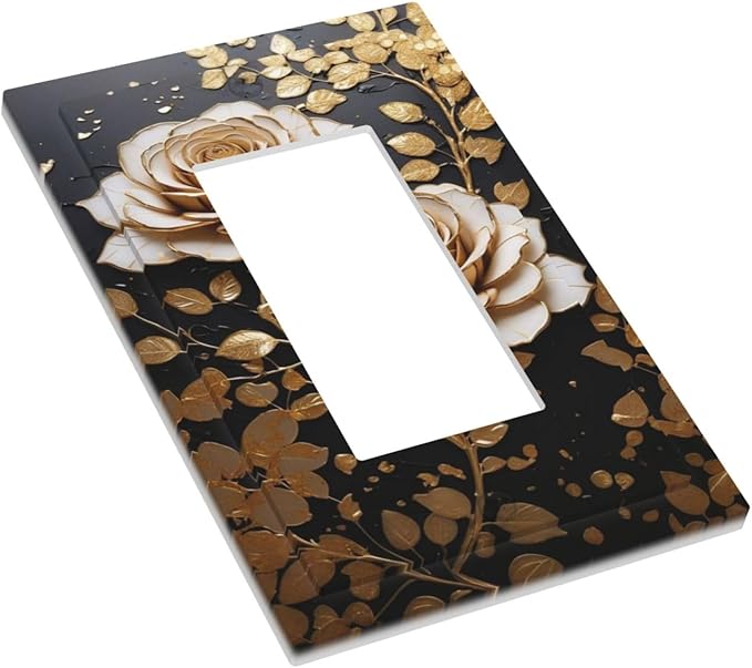 Decorative Outlet Covers Big Golden White Roses Glod Leaves Black Background 1 Gang Single Decora GFCI Device Light Switch Covers Plate 1 Rocker Wall Plate Jumbo Switch Cover Plate