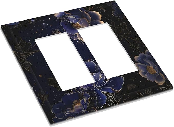 Navy Blue Floral Vintage Flower Dark Watercolor Decorative Outlet Covers 2 Gang Double GFCI Rocker Electrical Wall Panels Light Switch Cover Plate for Bedroom Living Room Decor