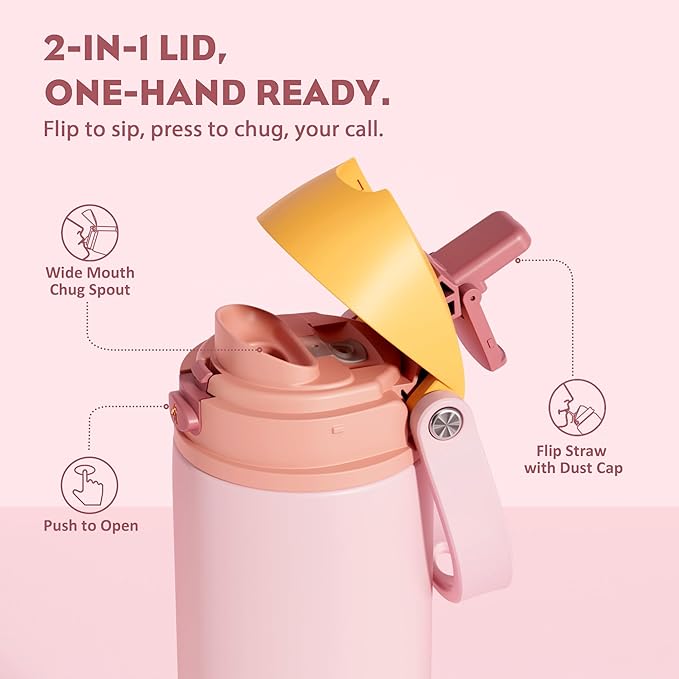 POWCAN 18 oz Insulated Water Bottle with Straw: 2-in-1 Push-Button Spout & Quick-Flip Straw, Leakproof, Cold 24Hrs, Fits Car Cup Holder, Stainless Sports Bottle for Gym, Travel Gift (Peach Store)