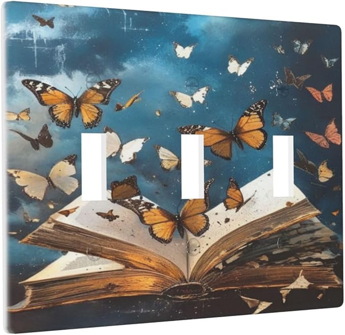 Decorative Art Light Switch Covers Butterflies from the Book 3 Gang Triple Toggle Wall Plate Decorative Switch plate Electrical Faceplate for Home Decor