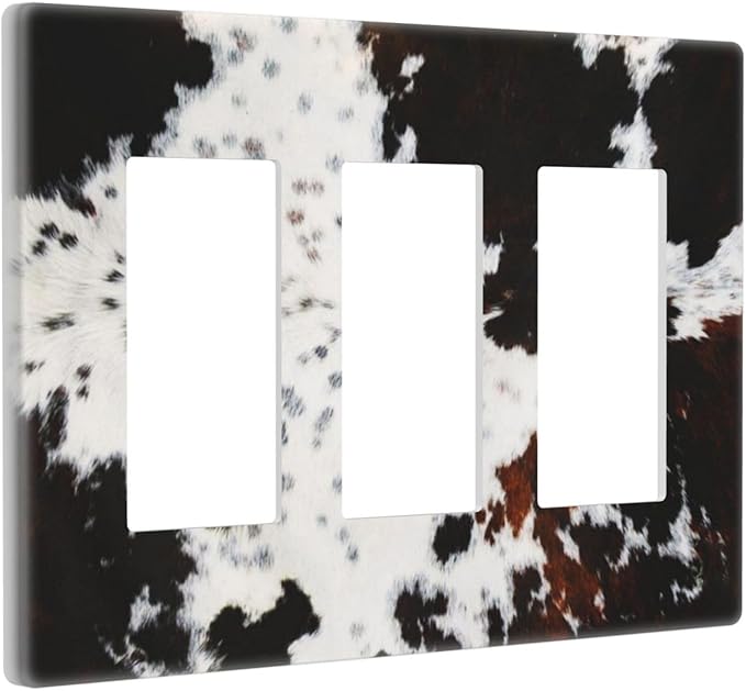 Western Black White Brown Cow Decorative 3 Gang Triple Decorator Light Switch Cover Highland Cowhide Wild Animal Fur Skin Spots Cheetah Leopard Print Three Device GFCI/Rocker Switch Face Wall Plate