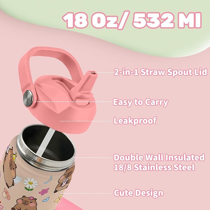 Insulated Water Bottle 18oz, Capybara Gifts Water Bottle with 2-in-1 Straw and Spout Lid, Pink Capybara Cup Leakproof, Capybaras Travel Mug for Capybaras Lover, Birthday Gift Ideal for Girls
