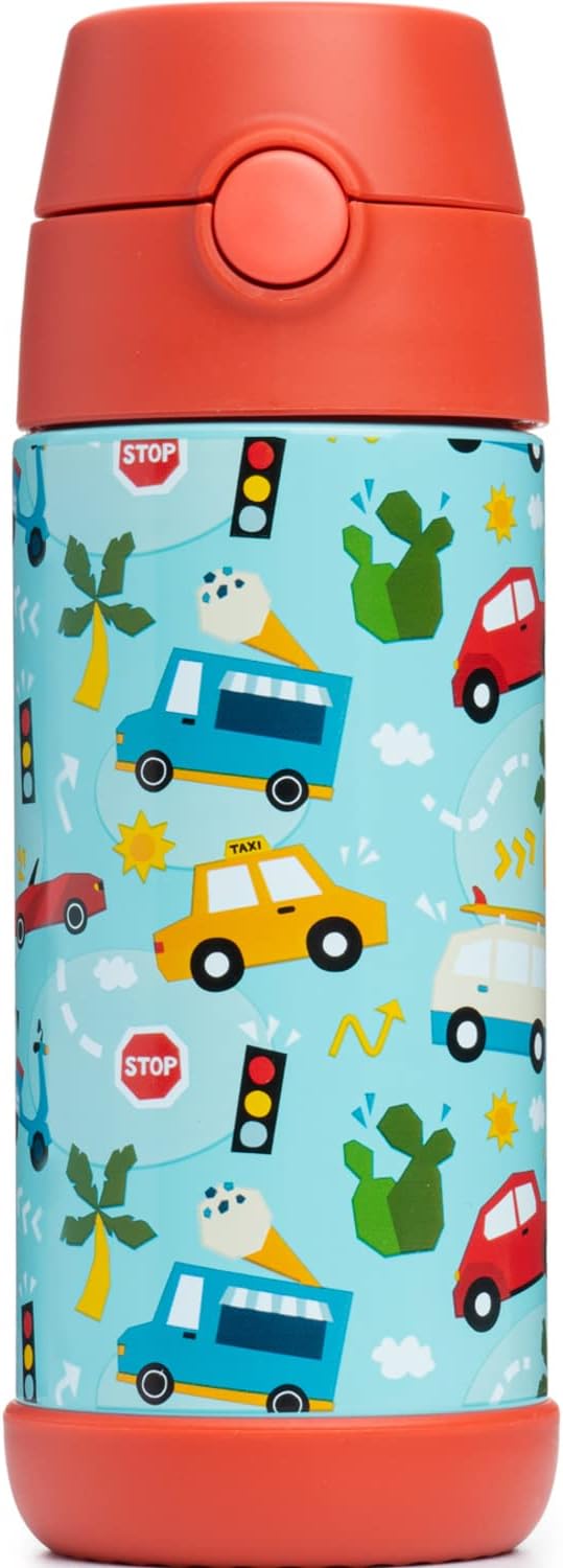 Snug Insulated Kids Water Bottle with Straw & Spout – Double-Wall Stainless Steel, Leakproof, Easy-Flip Lid – For School, Travel, Toddlers & Big Kids - Cars, 12oz