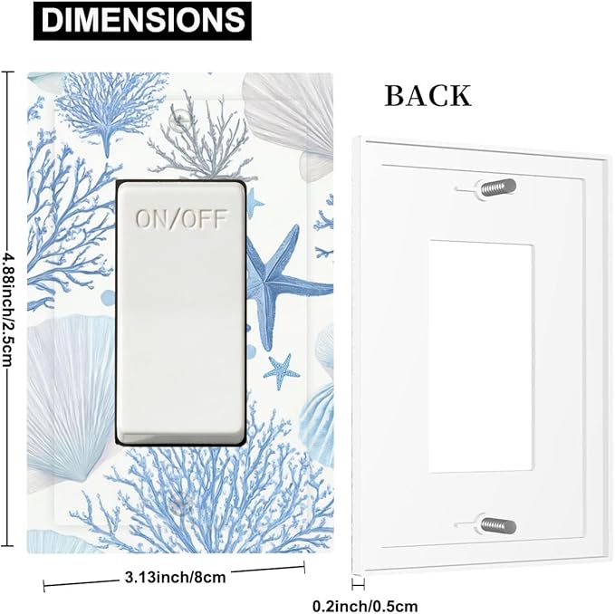 Coastal Blue Coral & Starfish Single Rocker Switch Cover - 1-Gang Standard US Size Watercolor Ocean Treasures Light Switch Covers, Serene Underwater Garden for Beach House Decor