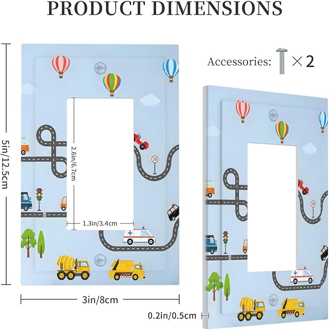 Road Construction Car Truck Hot Air Balloon Decorative Outlet Covers 1 Gang Single Rocker Light Switch Cover Plate Wall Plates GFCI Faceplate for Nursery Kids Room Decor