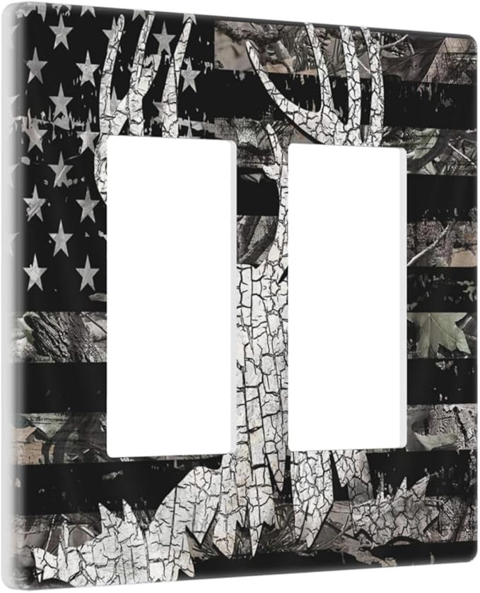 Rustic Hunting Forest Camo American Flag Deer Elk Moose Antlers Wildlife 2 Gang Electrical Decora/GFCI Device Wallplate Double Decorator Rocker Outlet Light Switch Cover Electrical Faceplate Dimmer