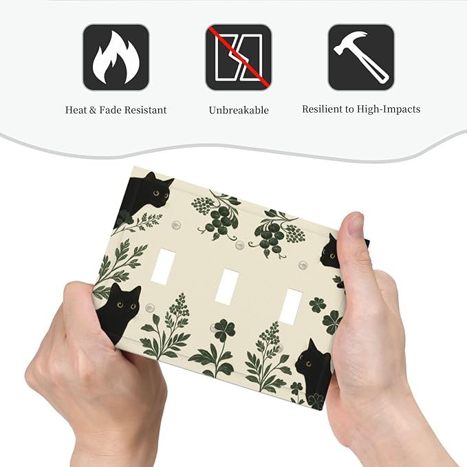 Decorative Light Switch Cover Plate Funny Black Cat Green Leaf 3 Gang Wall Plates for Electrical Outlets Triple Toggle Switch Plate Covers Outlet Covers Faceplate for Bedroom Home Decor