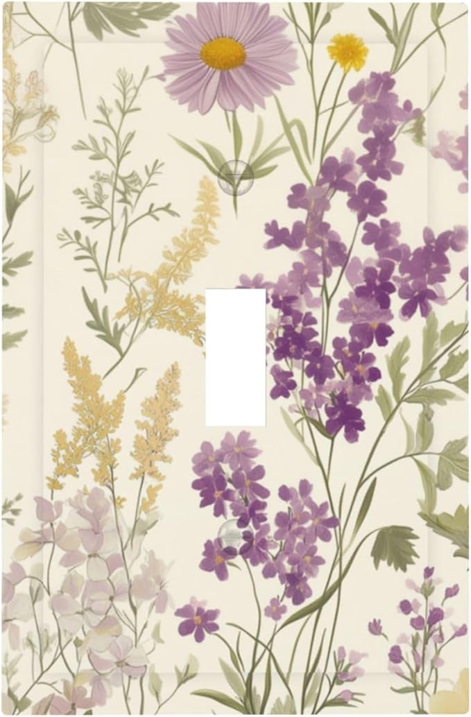 Watercolor Floral Leaves 1 Gang Light Switch Cover Single Toggle Wall Plate Small Purple Flowers Daisies Decorative Electrical Switchplate Covers for Country Bedroom Kitchen Living Room Decor