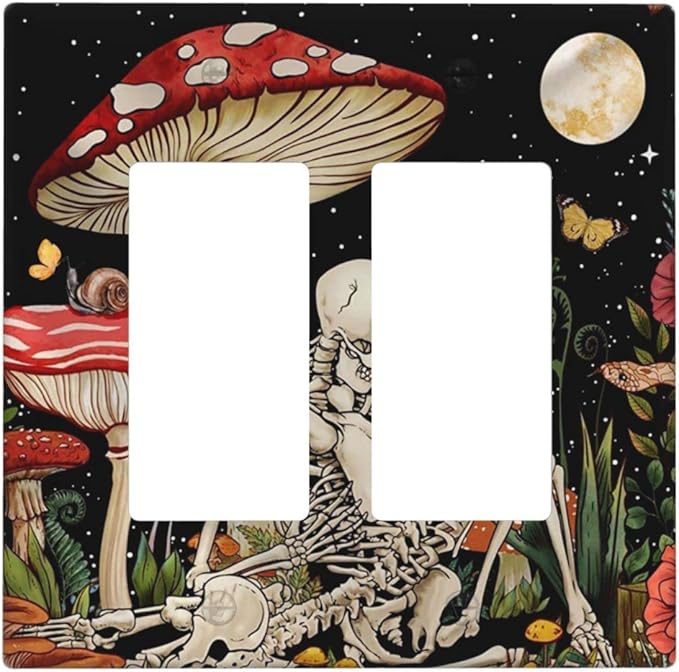 Mushroom Skull Skeleton Moon Star Plants Flora Light Switch Cover Double Rocker Wall Plate 2 Gang Decorative Gfci Electrical Switchplate Home for Bathroom Bedroom Kitchen Decor 4.6"X4.5"