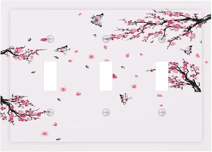 Pink Watercolor Cherry Blossom Flowe Tree Branch Floral Decorative Switch Plates 3 Gang Wall Plate Triple Toggle Light Switch Cover Faceplate Electrical Wall Panels for Bedroom Living Room Decor