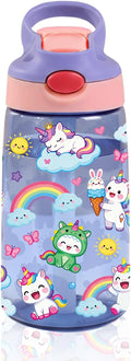 14oz Unicorn Kids Water Bottle with Straw - Rainbow Water Bottle For School, Leakproof, Lightweight, Durable Plastic Bottles for Kids Travel, Pop-Up Straw Cover, Gift Cup for Girls (Unicorn)