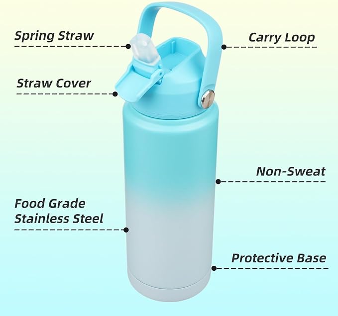 Konokyo Insulated Water Bottle with Straw Lid,24 oz Stainless Steel Vacuum Metal Bottle with Silicone Handle,Sea Salt