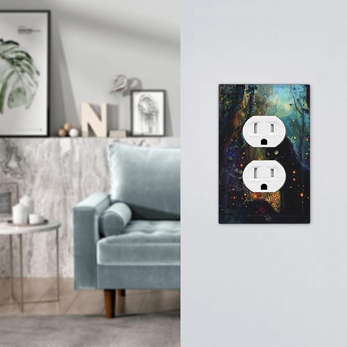 Decorative Outlet Covers Magic Fantasy Forest Mysterious Black Cat 1 Gang Duplex Light Switch Cover Plate Electrical Switch plates Wall Plates Receptacle Covers for Kid Room Bathroom Decor