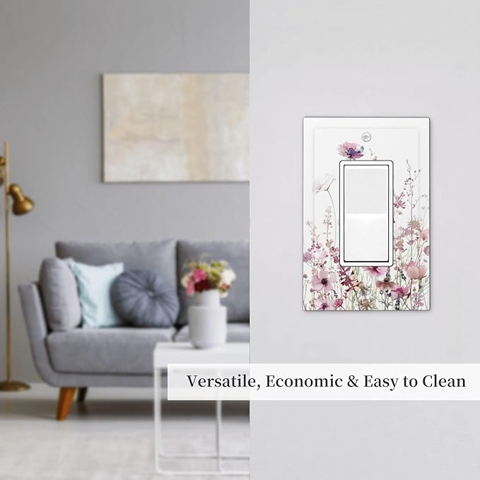 Floral Pink Watercolor Wildflowers Plant Flower Decorative Outlet Covers 1 Gang Single Rocker Light Switch Cover Plate Wall Plates GFCI Faceplate for Bedroom Living Room Decor