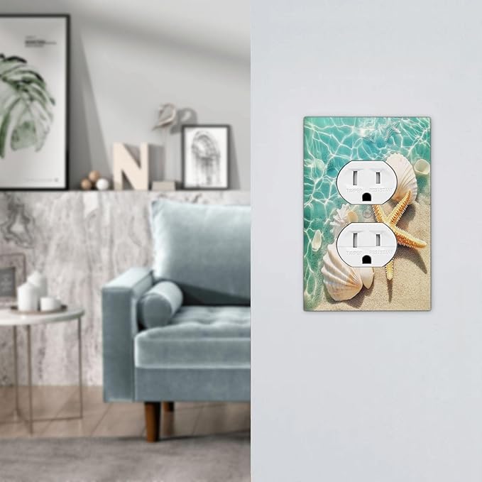 Outlet Covers Sea Shells And Star Fish In Ocean Beach 1 Gang Duplex Light Switch Cover Decorative Switch Plates Electrical Receptacle Faceplate Wall Plate For Bathroom Home Decor