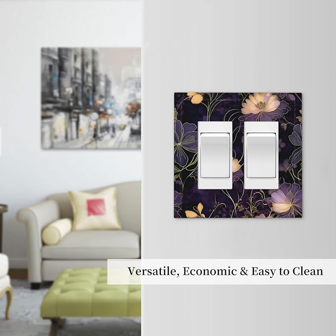Modern Boho Vintage Gold Purple Dark Floral Modern Abstract Flowers Decorative Outlet Covers 2 Gang Double Gfci Rocker Electrical Wall Panels Light Switch Cover Plate for Bedroom Living Room