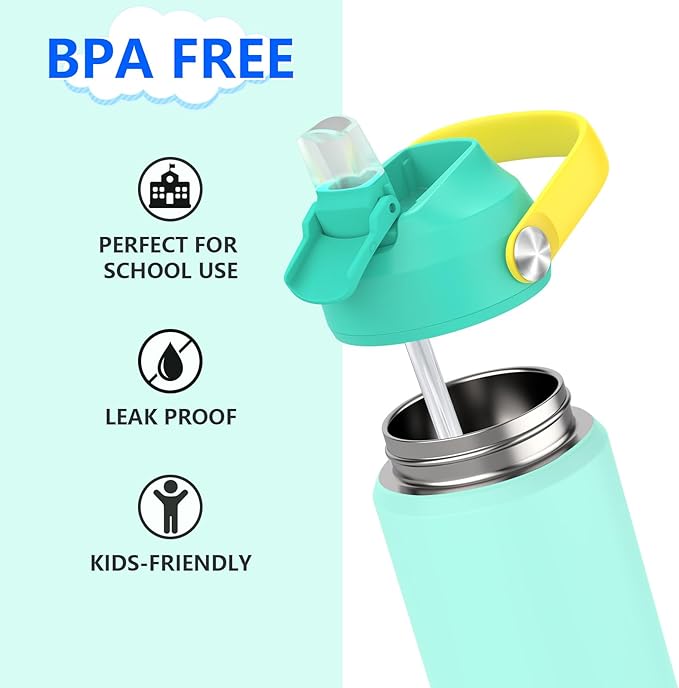 Kids Water Bottle with Straw,18 oz Boys Insulated Cups with Stainless Steel Leak Proof for School,Sport&Travel（Green）