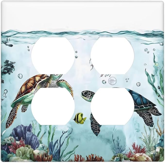 Sea Turtles Sea Coral Seaweed Ocean Jellyfish Outlet Covers 2 Gang Double Duplex Decorative Light Switch Covers Electrical Wallplates Socket Faceplate for Kids Room Bathroom Decor
