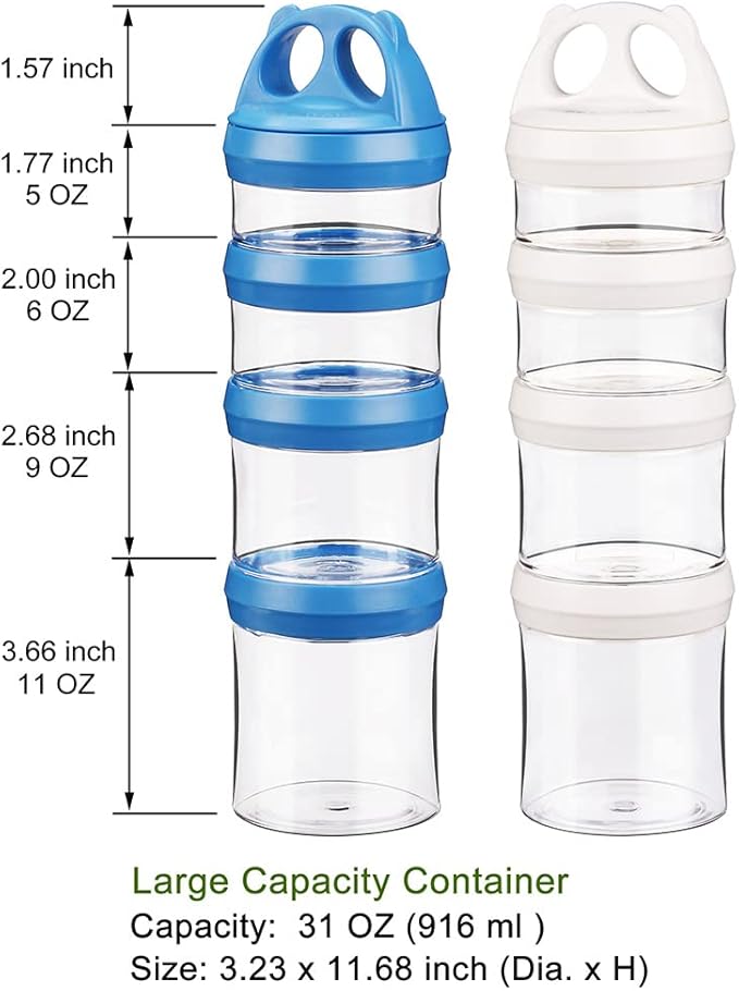 BeneLabel Stackable Food Storage Containers with Twist Lock System - BPA-Free Tritan Containers for Travel, Formula, Protein Powder, Snacks - Leakproof & Dishwasher Safe (Blue and White, 31oz per)