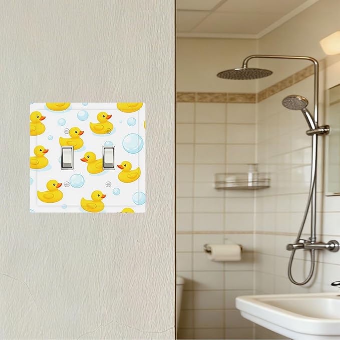 Cheerful Rubber Ducks & Bubbles Bath Time Double Toggle Switch Cover - 2-Gang Standard US Size Bathroom Funny Duck Light Switch Covers for Boys & Girls Bathroom Decor