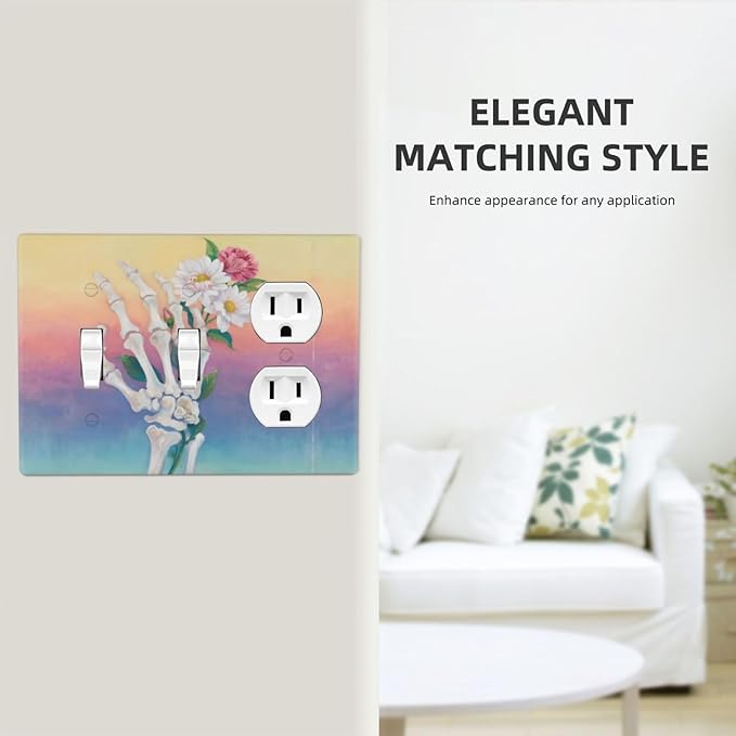 Skeleton Flower 2 Toggle 1 Duplex Receptacle Outlet Cover Wall Plate Decorative 3 Gang Light Switch Covers Electrical Switchplate Home Decorate Faceplat for Bathroom Bedroom Kitchen Room