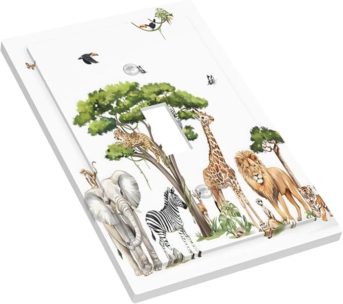 Large Animals Elephant Giraffe Jungle Lion Leopard Zebra Decorative Light Switch Cover 1 Gang Single Toggle Device Electrical Faceplate Switchplates Decorator Outlet Wall Plate for Kids Room Nursery