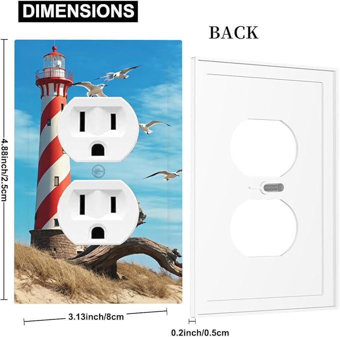 Lighthouse Coastal Scene Duplex Wall Plate - 1-Gang Standard US Size Nautical Coastal Beacon Outlet Covers for Living Room Bathroom Decor