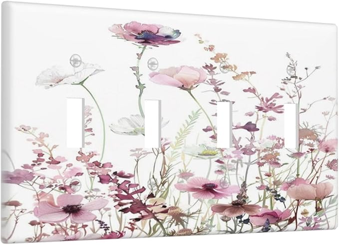 Floral Pink Watercolor Wildflowers Plant Flower Light Switch Covers Quad Toggle Electrical Faceplate 4 Gang Wall Plate Decorative Switch Plates Cover for Bedroom Living Room Decor