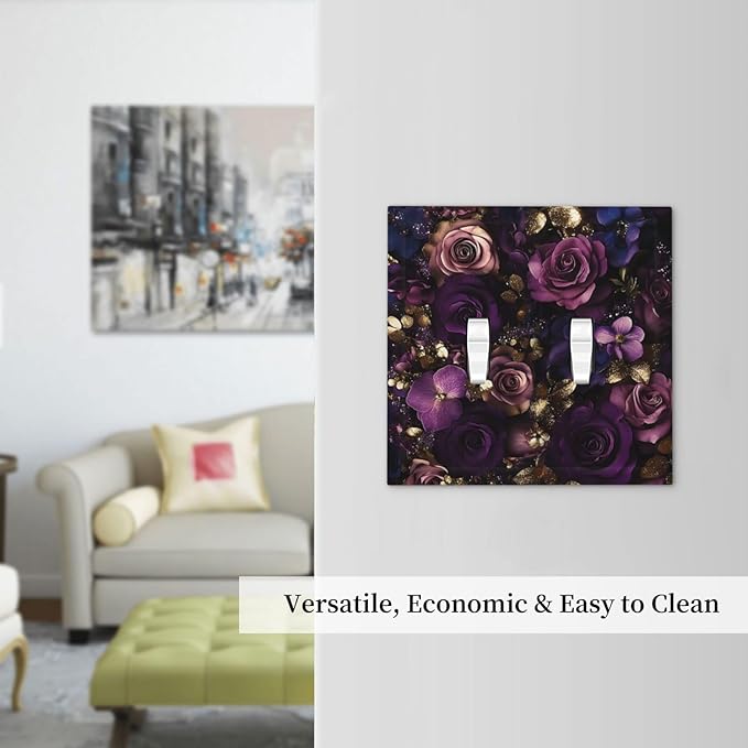 Decorative Switch Plate Cover with Luxurious Purple Roses Gold Accents Leaves Design 2 Gang Wall Plate Unique Double Toggle Double Light Switch Covers for Romantic Bedroom/Living Room Decor