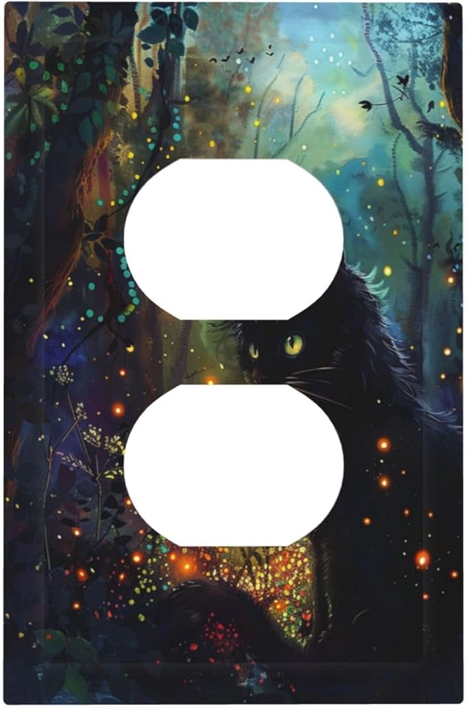 Decorative Outlet Covers Magic Fantasy Forest Mysterious Black Cat 1 Gang Duplex Light Switch Cover Plate Electrical Switch plates Wall Plates Receptacle Covers for Kid Room Bathroom Decor