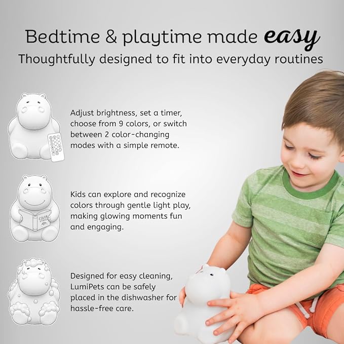LumiPets Honey the Hippo Silicone Night Light for Kids | Squishy Lamp with Tap & Remote Control | Rechargeable, 9 Color Changing Animal Night Light for Boys & Girls | Portable Nightlight With USB Cord