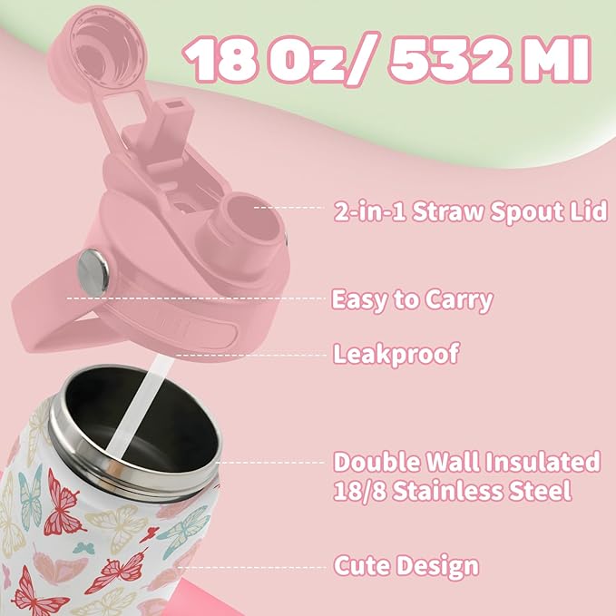 Insulated Water Bottle 18oz, Butterfly Gifts Water Bottle with 2-in-1 Straw and Spout Lid, Pink Butterflies Cup Leakproof, Butterflies Cup for Butterfly Lovers, Birthday Gift Ideal for Girls