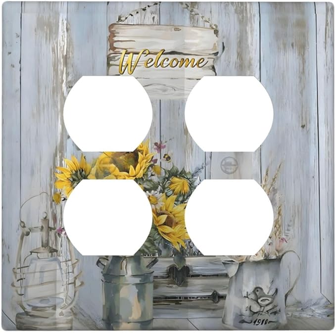 Rustic Sunflower Floral Vintage Wood Board Outlet Covers 2 Gang Double Duplex Decorative Light Switch Covers Electrical Wallplates Socket Faceplate for Farmhouse Home Decor