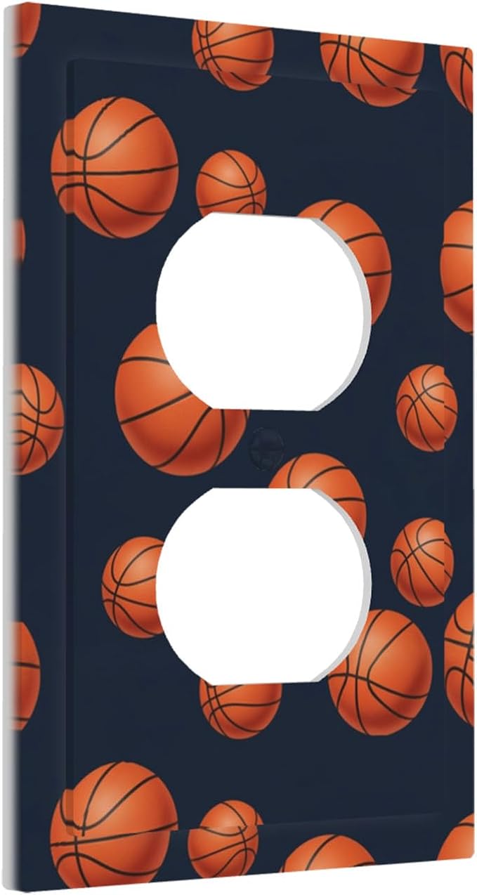 Basketball Duplex Wall Plate - 1-Gang Standard US Size Sports Design Navy Blue Outlet Covers, Vintage Basketball for Boys Room