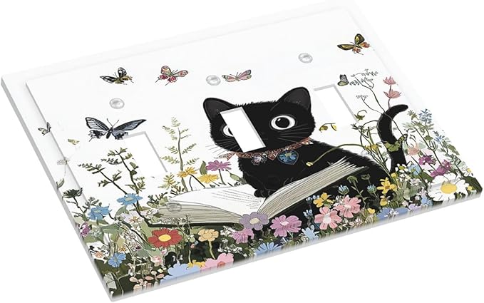 Decorative Switch Plates Cute Cat Wildflowers Boho Flowers Floral 3 Gang Wall Plate Triple Toggle Light Switch Cover Faceplate Electrical Wall Panels For Nursery Kids Room Decor