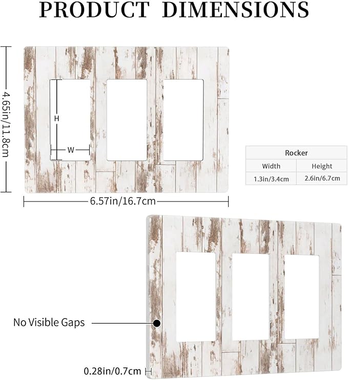 White Grey Wood 3 Gang Triple Rocker/Decor Light Switch Wall Plate Cover Decorative Electrical Faceplate for Kids Living Room Bedroom Decor Screwless 6.57" x 4.65