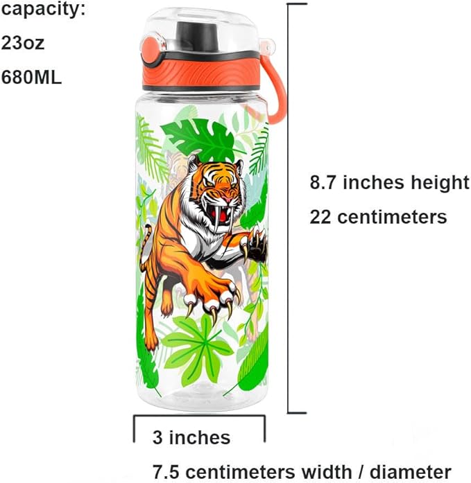 Home Tune Cute Water Bottle for School Kids Girls, BPA FREE Tritan & Leak Proof & Easy Clean & Carry Handle, 23oz/ 680ml - Tiger