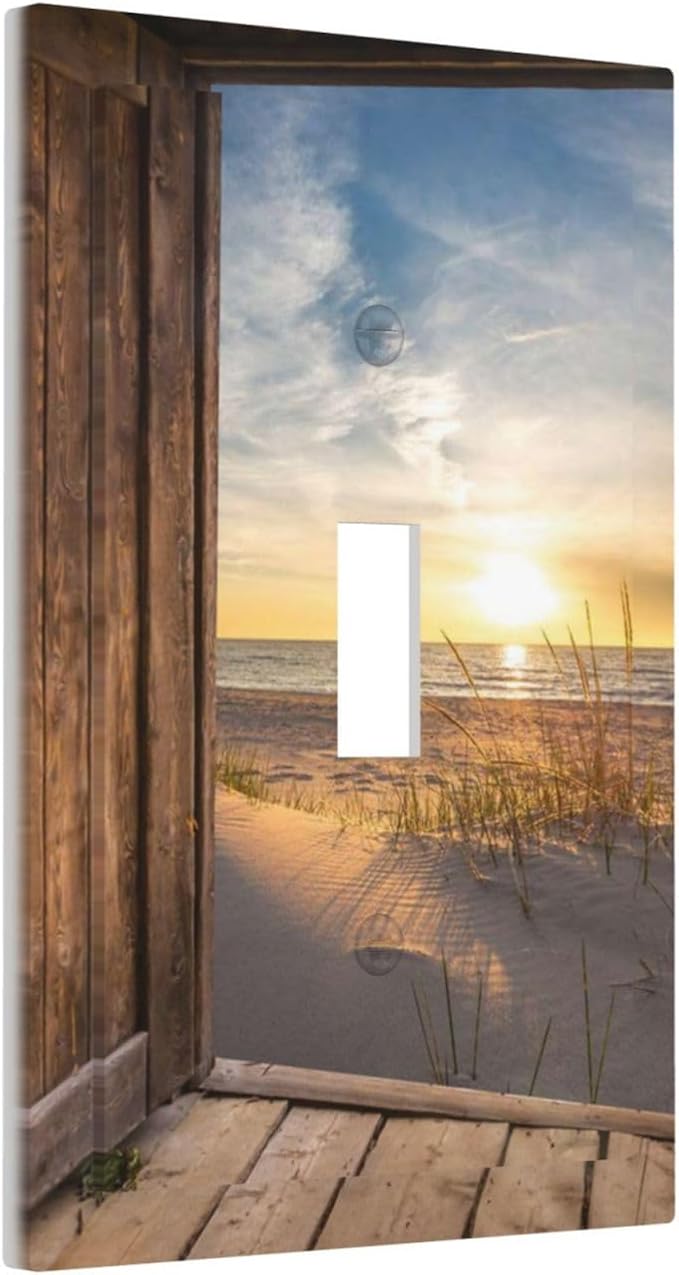 Sun Beach Grass Ocean Landscape Single Toggle Wall Plate Covers 1 Gang Light Switch Cover Farmhouse Western Brown Barn Door Faceplate Decorative Electrical for Bathroom Kitchen Home Decor