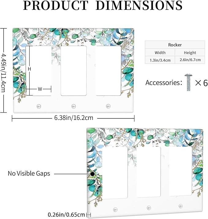 Decorative Outlet Covers Bohemian Green Eucalyptus Leaf Pine Leaves 3 Gang Wall Plate Triple Rocker Switch Light Switch Plate Covers Jumbo Electrical GFCI Switch Cover Plate