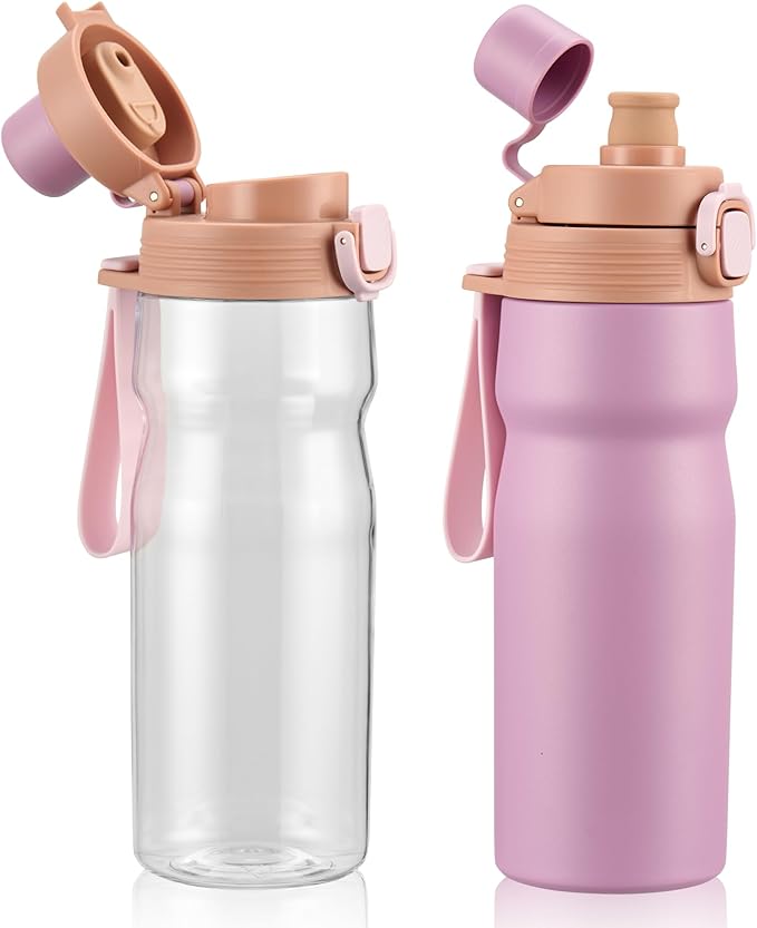 PIQUEBAR Kids insulated Water Bottle 17oz & Sport Water Bottle 24oz Set, Stainless Steel Metal Vacuum Water Bottles, Leakproof Tritan Sport Water Bottles for School Boys Girls, Pink