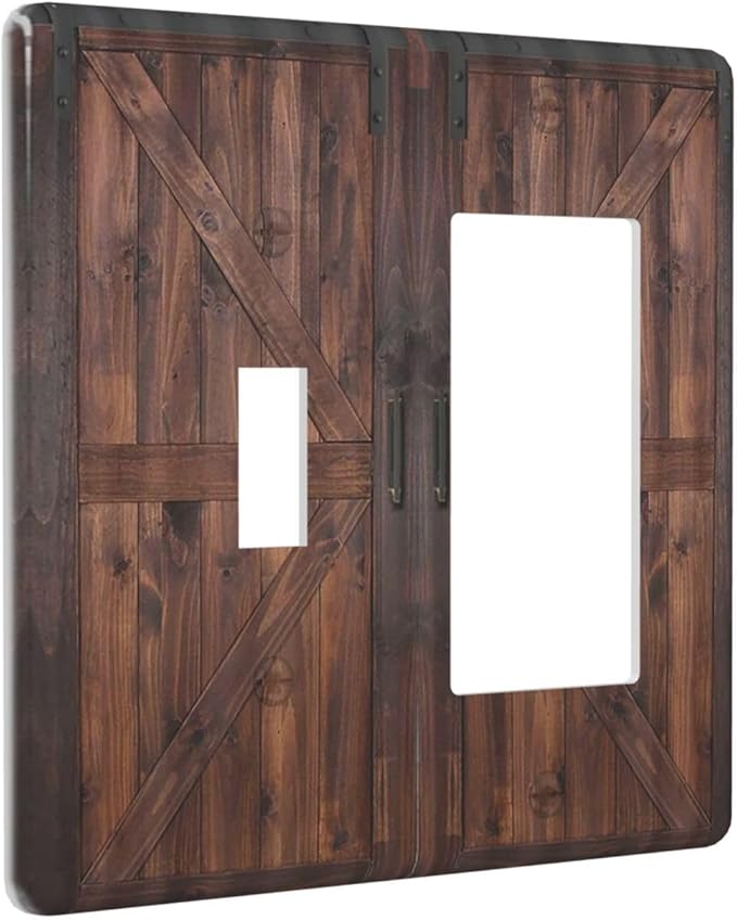 Light Switch Cover Rustic Brown Barn Door Retro Wood Plank 2 Gang Toggle Rocker Combo Wall Plates Country Decorative Switch Plates and Outlet Covers Receptacle Cover for Bathroom Home Decor