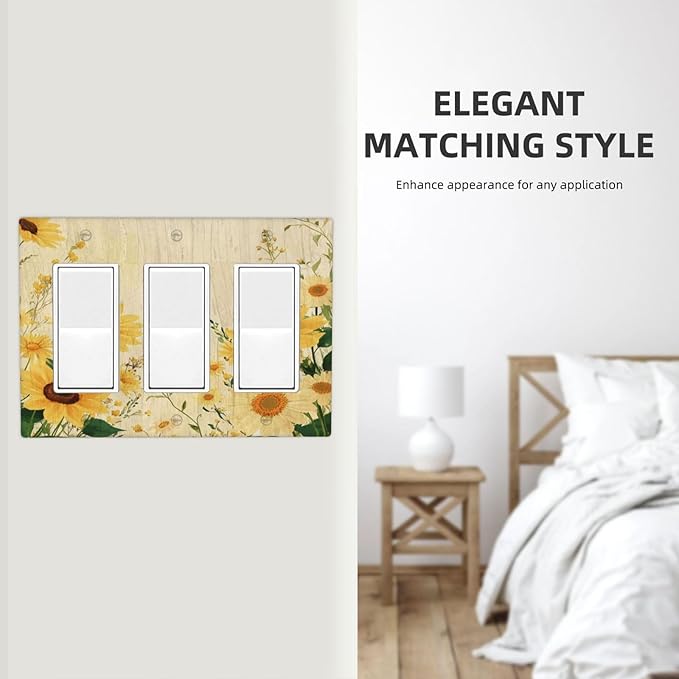 Decorative Light Switch Plate with Vintage Botanical Sunflower Field Design 3 Gang Outlet Covers Triple Rocker Wall Plate Switch Plate Cover for Nature Yellow Blooms Wall Decor
